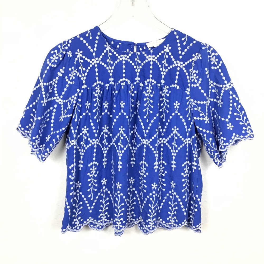 Rebellion Blue w/White embroidered flowers Top L